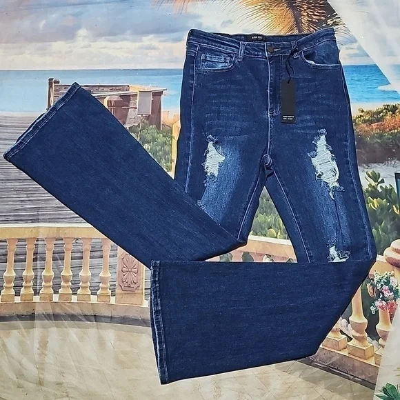 Nina Rossi Distressed High Rise Flare Jeans Size 11 NWT - Picture 2 of 6